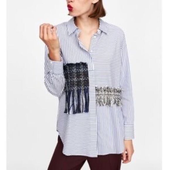 Zara blue and white striped contrast tweed long sleeved button down shirt NWOT M - Picture 2 of 13